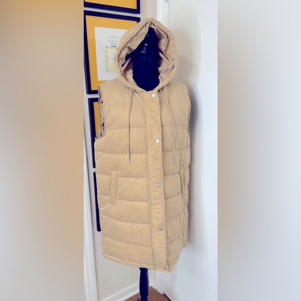ZELLA Beige Long Hooded Puffer Vest